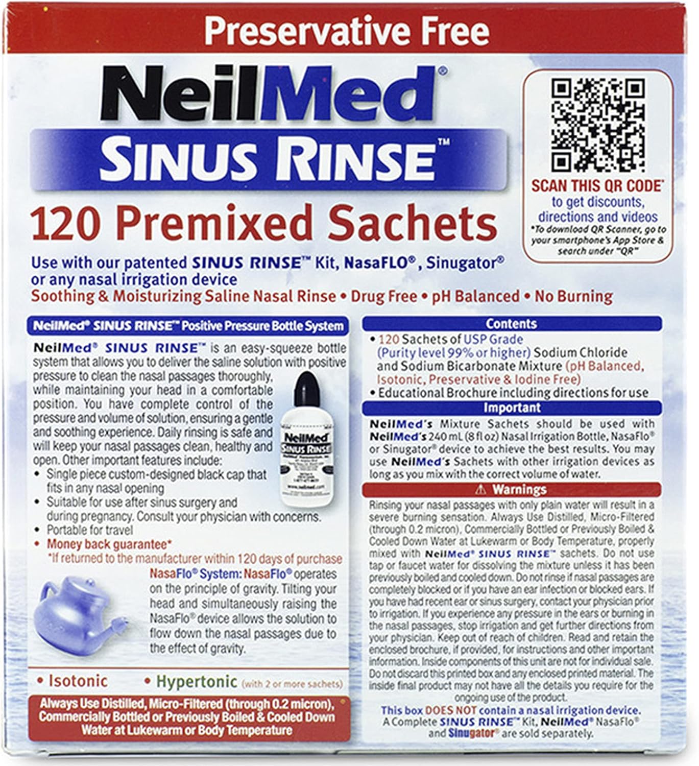 NeilMed Sinus Rinse, bustine ipertoniche premiscelate completamente naturali, confezione da 120