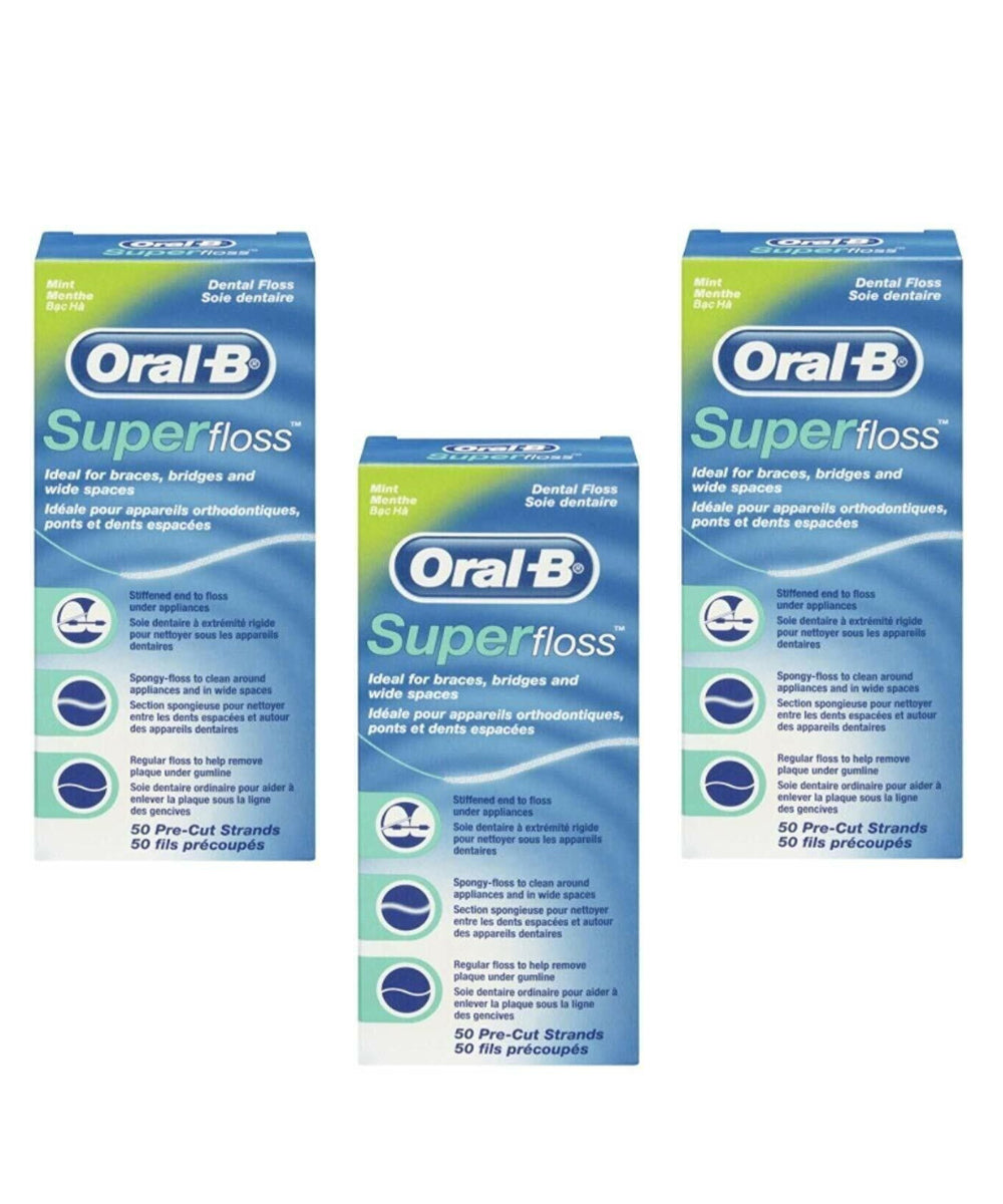 Oral B Dental Floss for Braces Wide Spaces Bridges 50 Pre-Cut Strands -Pack of 3