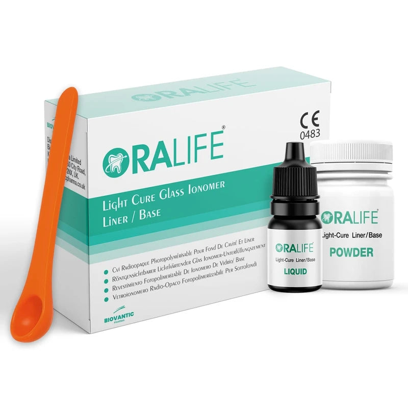 ORALIFE Light Glass Ionomer Liner/Base Cement Kit – Powder & Liquid with Mixing Tools